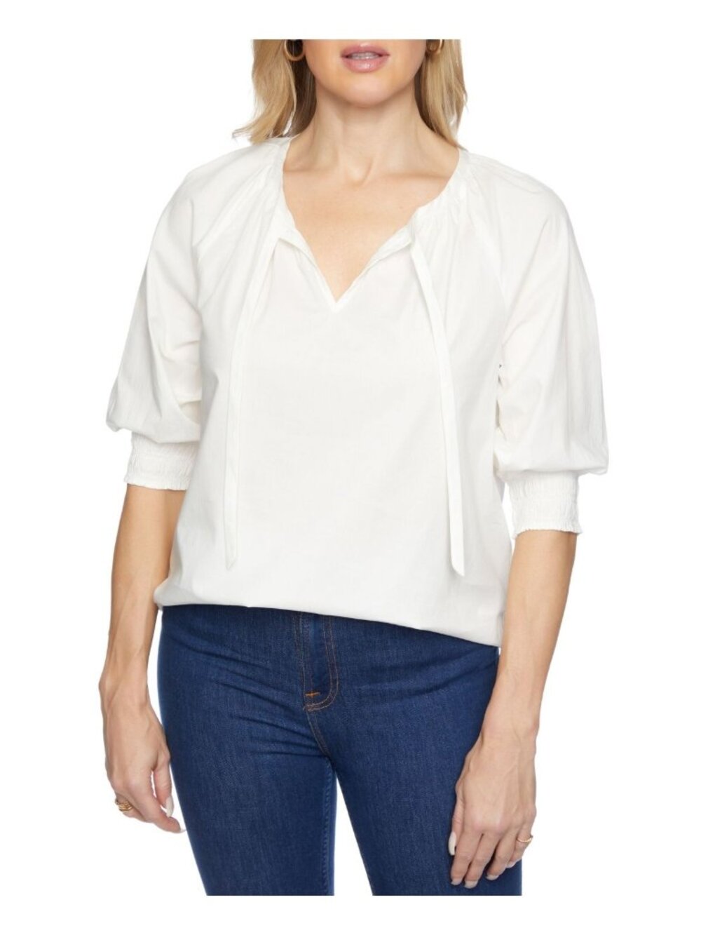 Cooper & Ella Womens Solid Smocked Sleeve Pullover Top White Size S NWT